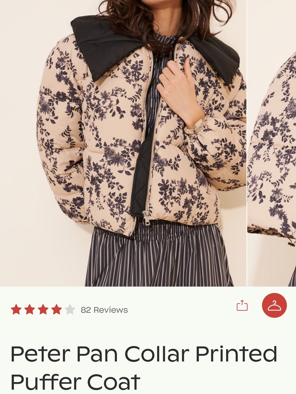 Anthropologie Beige Floral Puffer with Black Peter Pan Collar